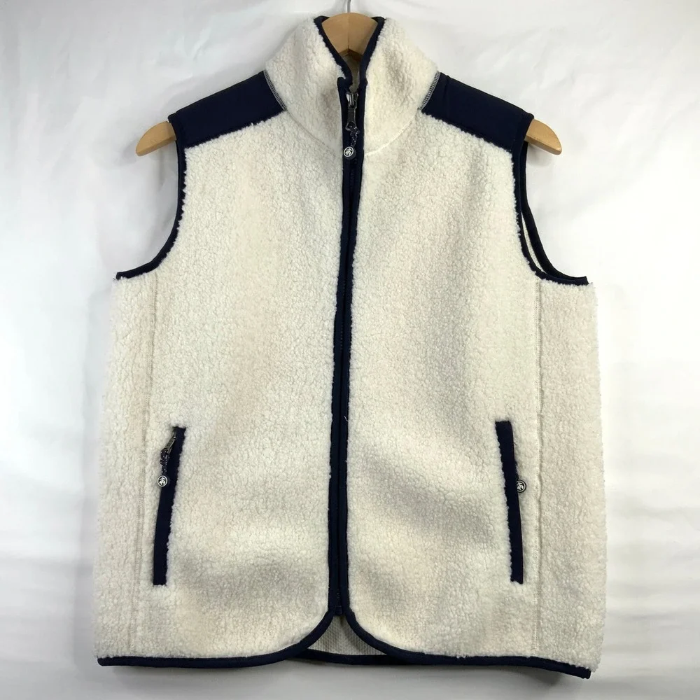 Brooks Brothers Mens Sherpa Fleece Vest Cream Navy Blue Full Zip Size Medium
